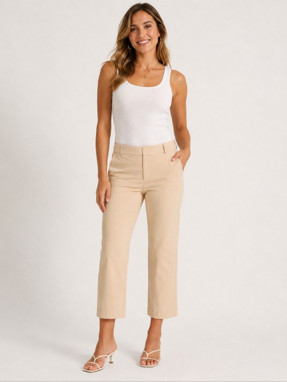 High-Rise Straight Crop Pants in Beige